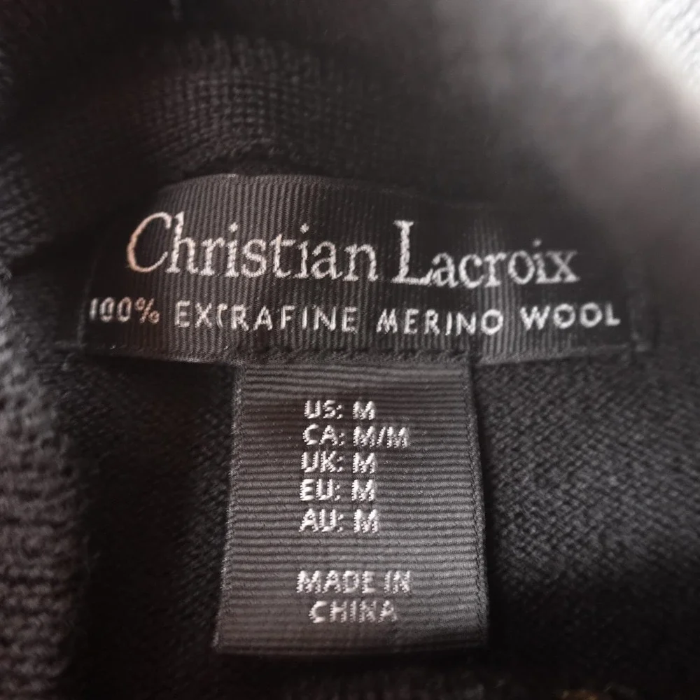 NEW Christian Lacroix Sweater Mens M Black Merino Wool Pullover 1/4 Zip Knit Top